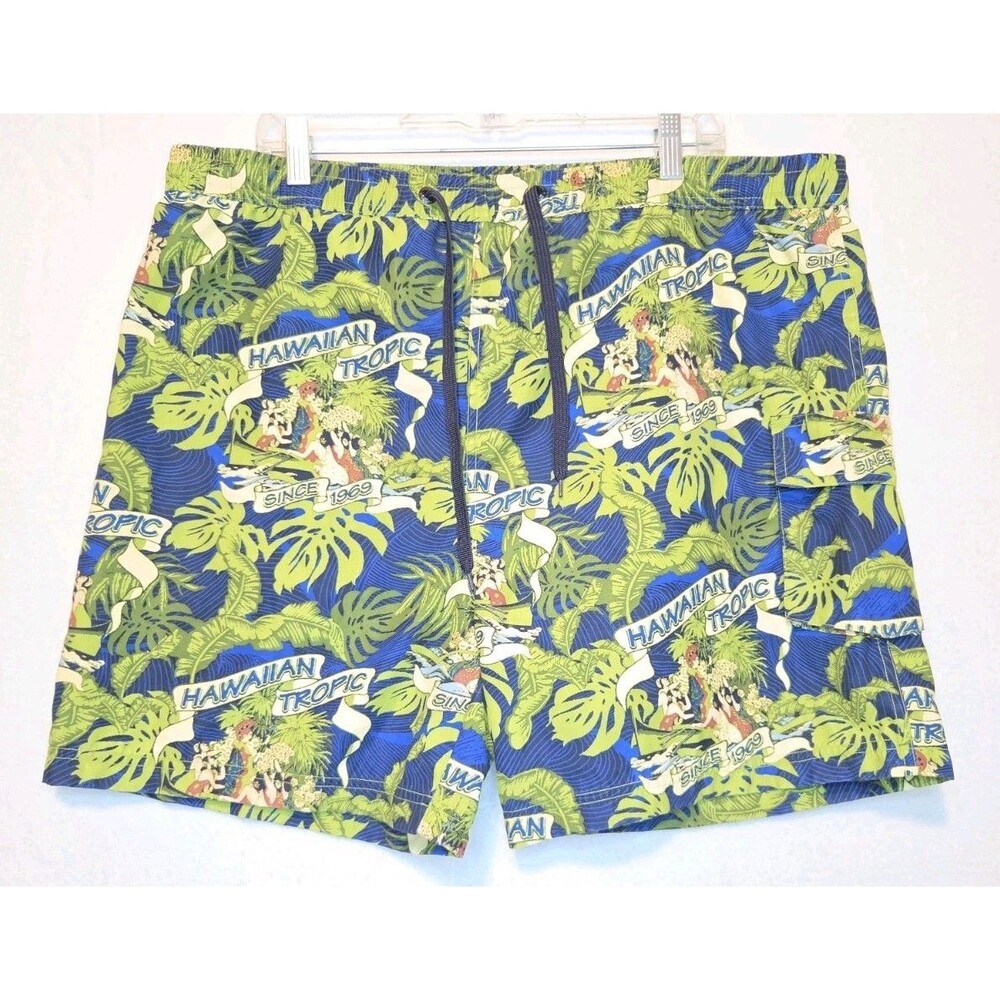 Hawaiian Tropic Swim Trunks Men's XL Mesh Lined Swim Shorts Drawstring Summer
